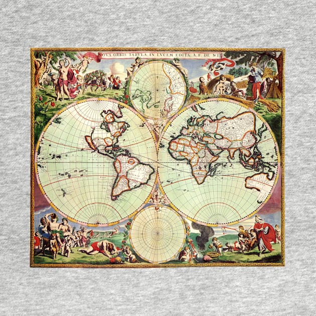 Antique Double Hemisphere Map by Frederick de Wit, c1665 by MasterpieceCafe